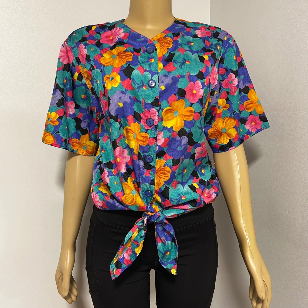 Vintage Bechamel Floral Tie Front Button Up Blouse Multi Color Large 10 Retro‎